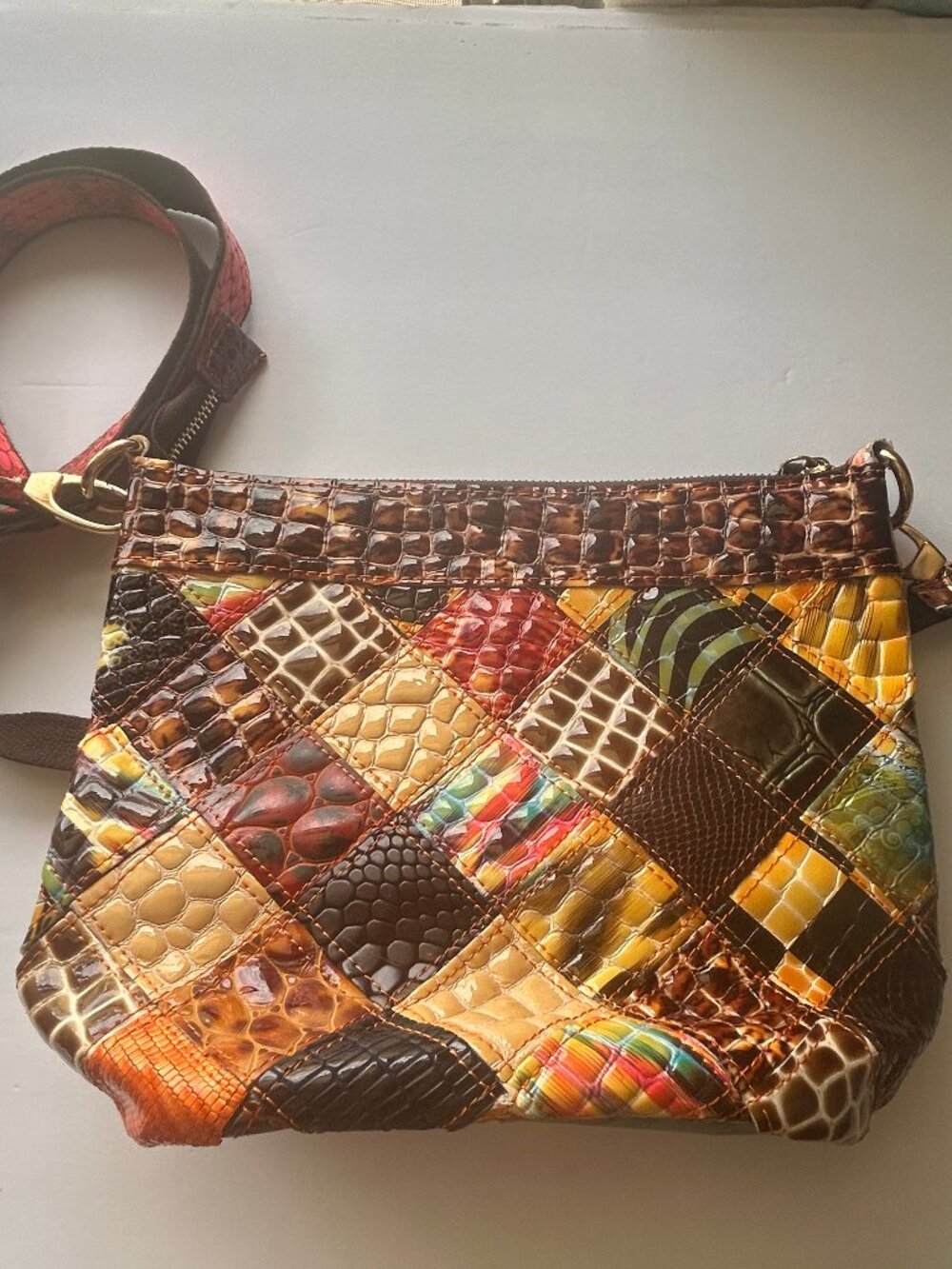 Boho Patchwork Floral Embossed Crossbody Bag | 3D Appliqué Flowers w/Rhinestone - Picture 4 of 15